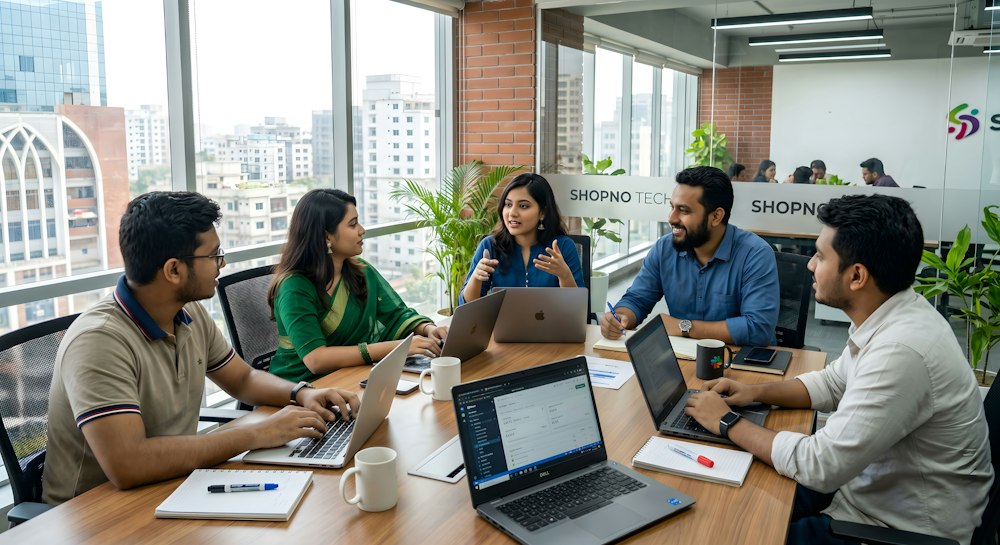 A team of founders collaborating around a conference table