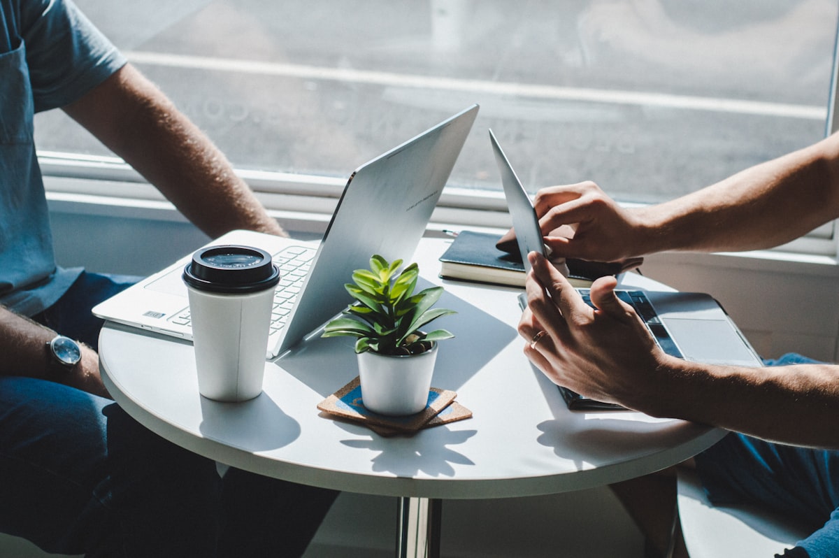 Two people in a relaxed one-on-one consultation meeting over laptops