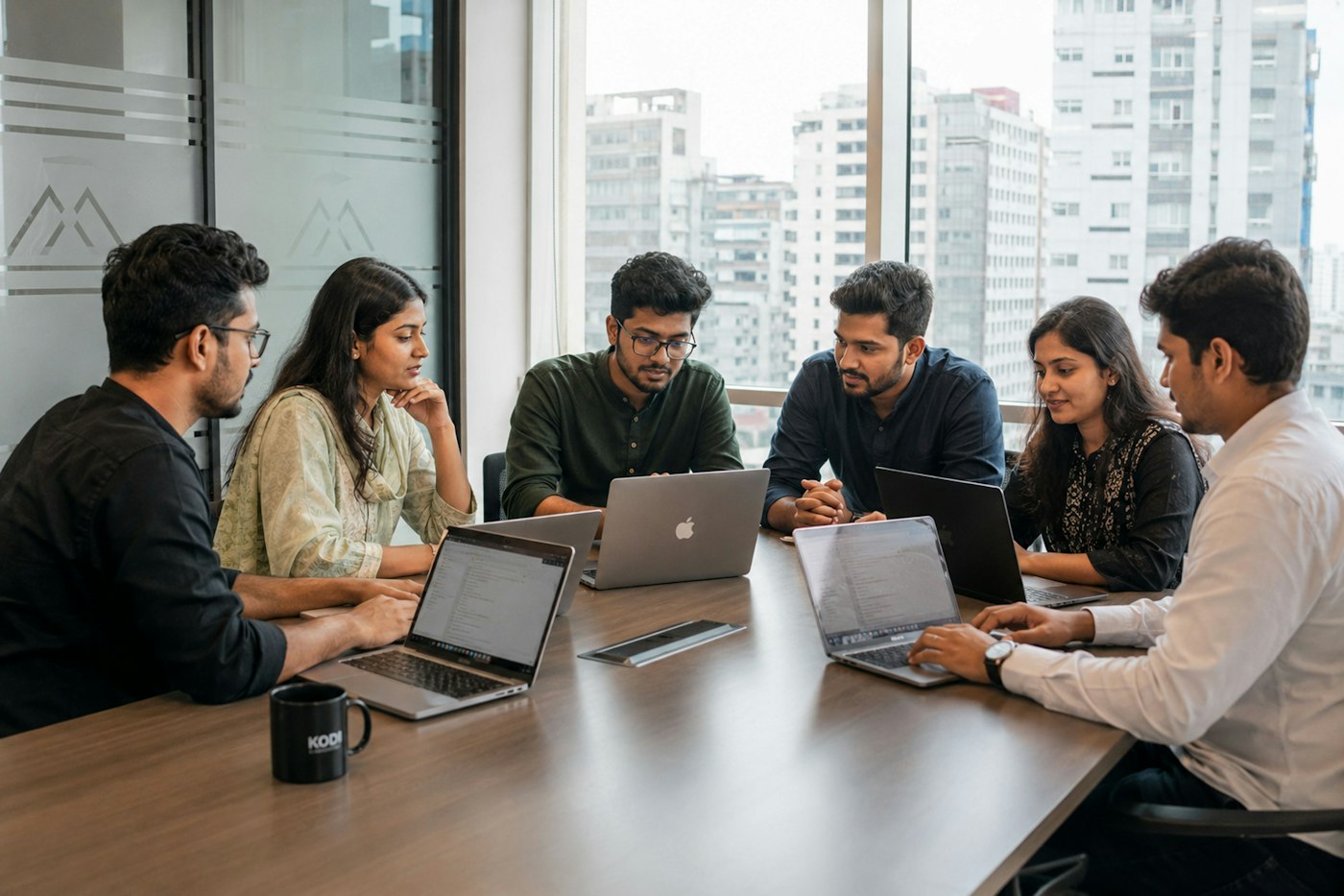 A team collaborating together in the Aarkin office